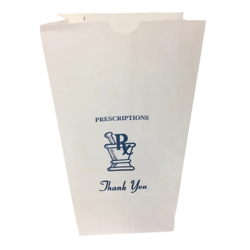 White paper bag with blue text and logo on a white background