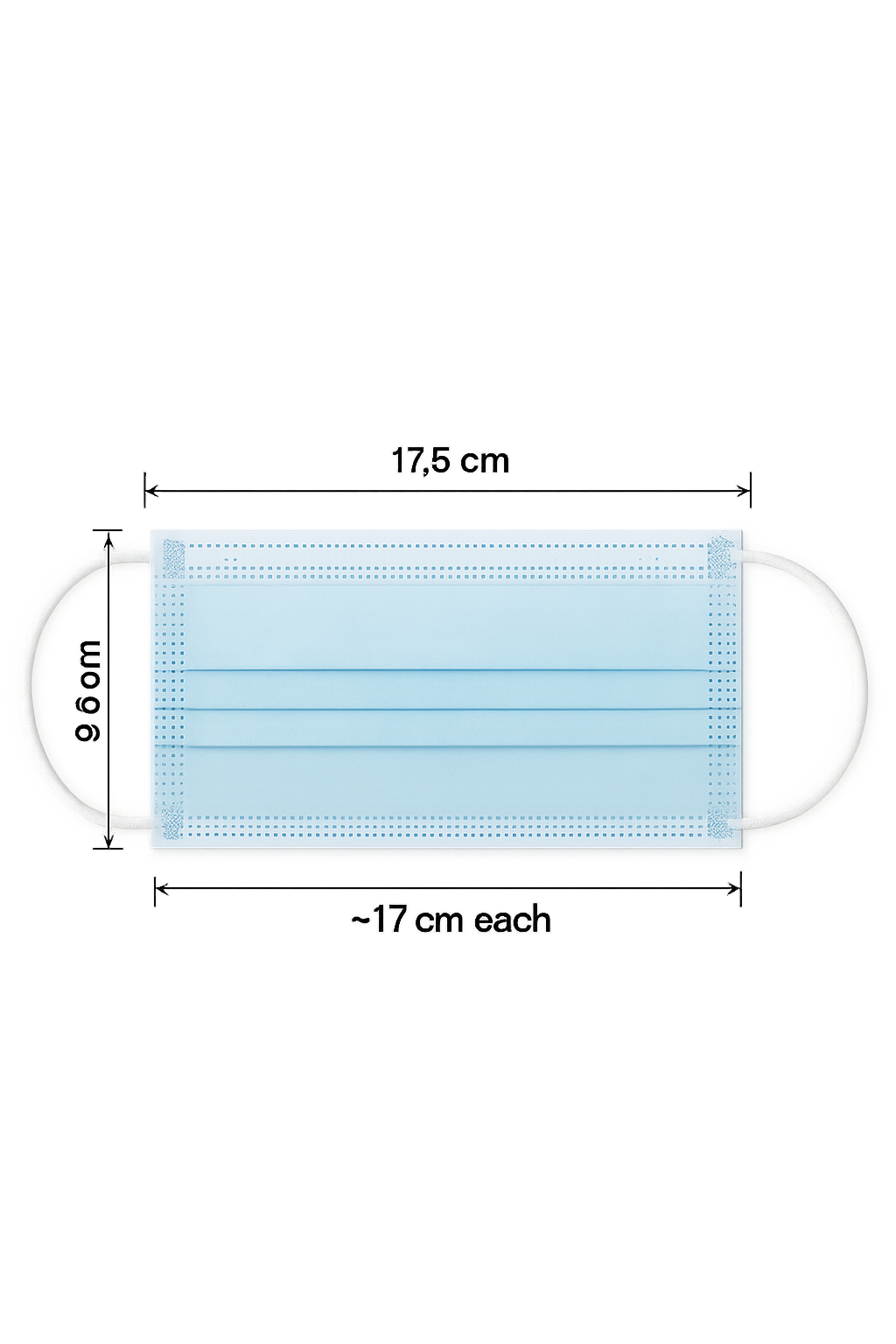Blue surgical mask with dimensions labeled on a white background
