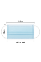 Blue surgical mask with dimensions labeled on a white background
