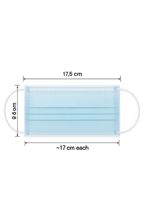 Blue surgical mask with dimensions labeled on a white background
