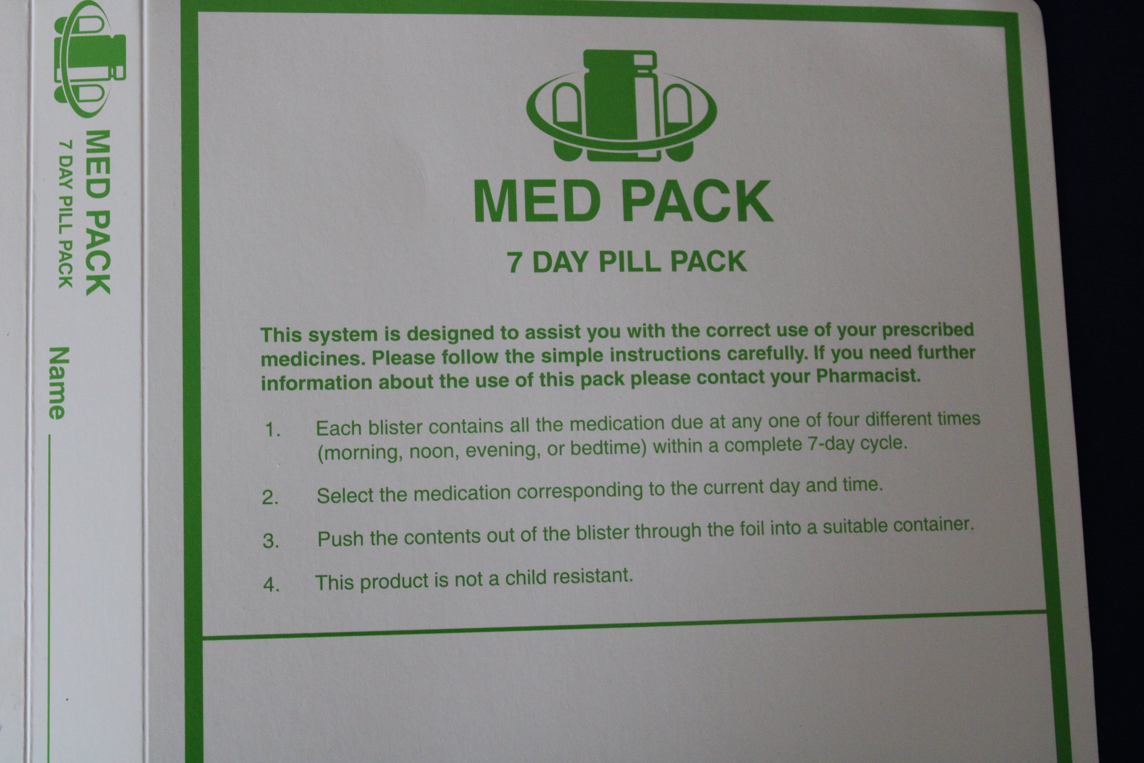 Med Pack 7 Day Pill Pack with instructions on a white background