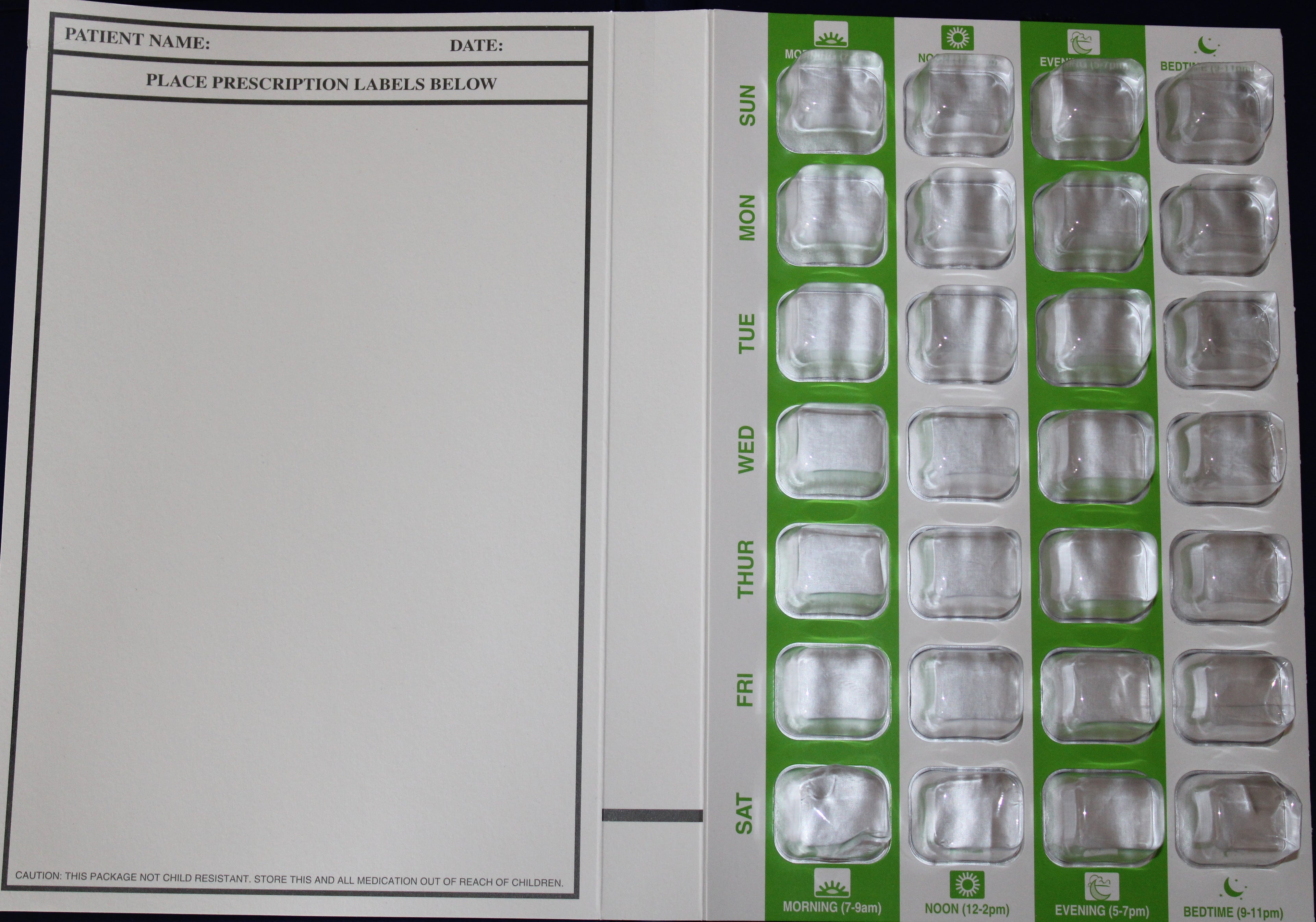 Pharmacy blister pack organizing medications by day and time