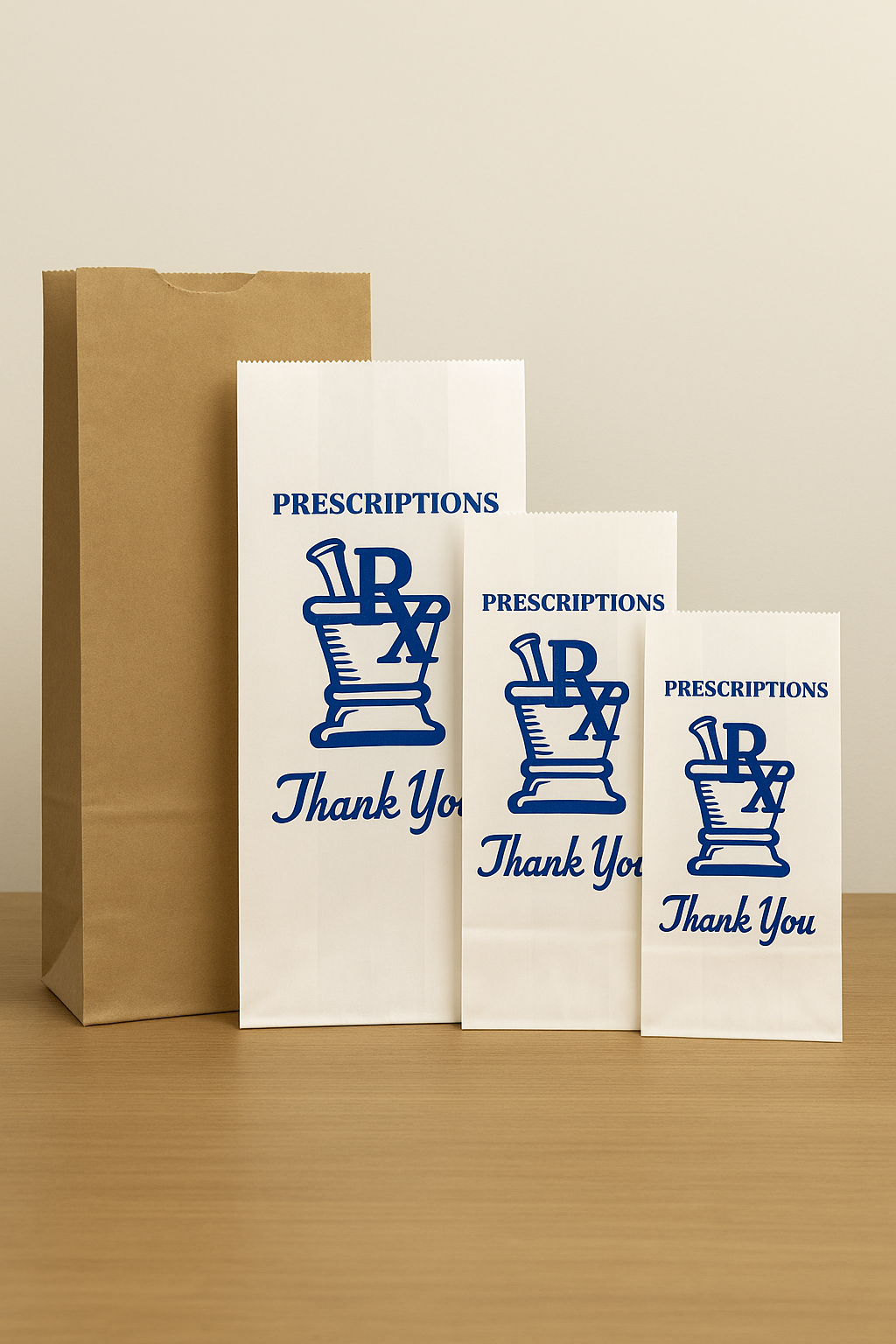 Three white bags with blue 'Prescriptions Thank You' text and a brown paper bag on a beige background