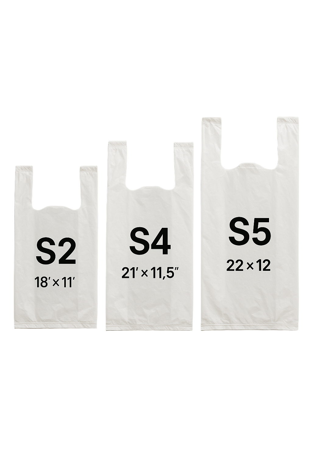 Three white plastic bags with size labels on a white background