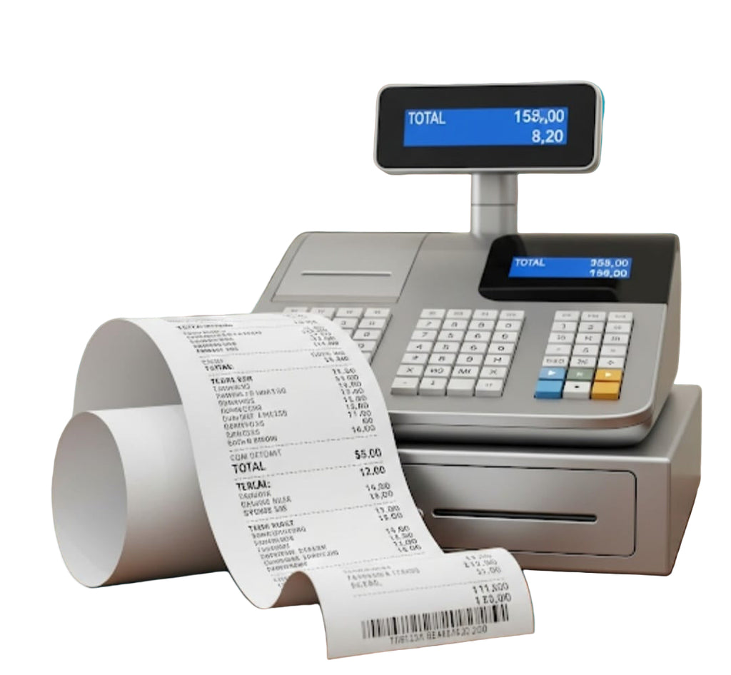 Cash register with receipt and digital display on a white background