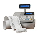 Cash register with receipt and digital display on a white background