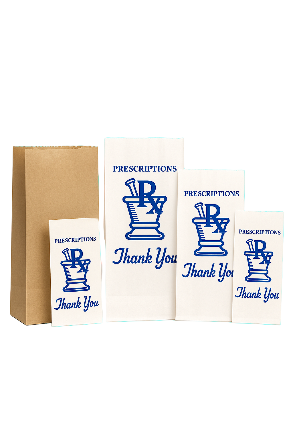 Set of white bags with blue 'Prescriptions Thank You' text and logo on a white background