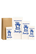 Set of white bags with blue 'Prescriptions Thank You' text and logo on a white background