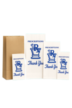 Set of white bags with blue 'Prescriptions Thank You' text and logo on a white background