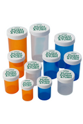 Set of pill bottles with white lids labeled 'Push Down & Turn' on a white background
Push turn child-resistant prescription vials for pharmacy use
