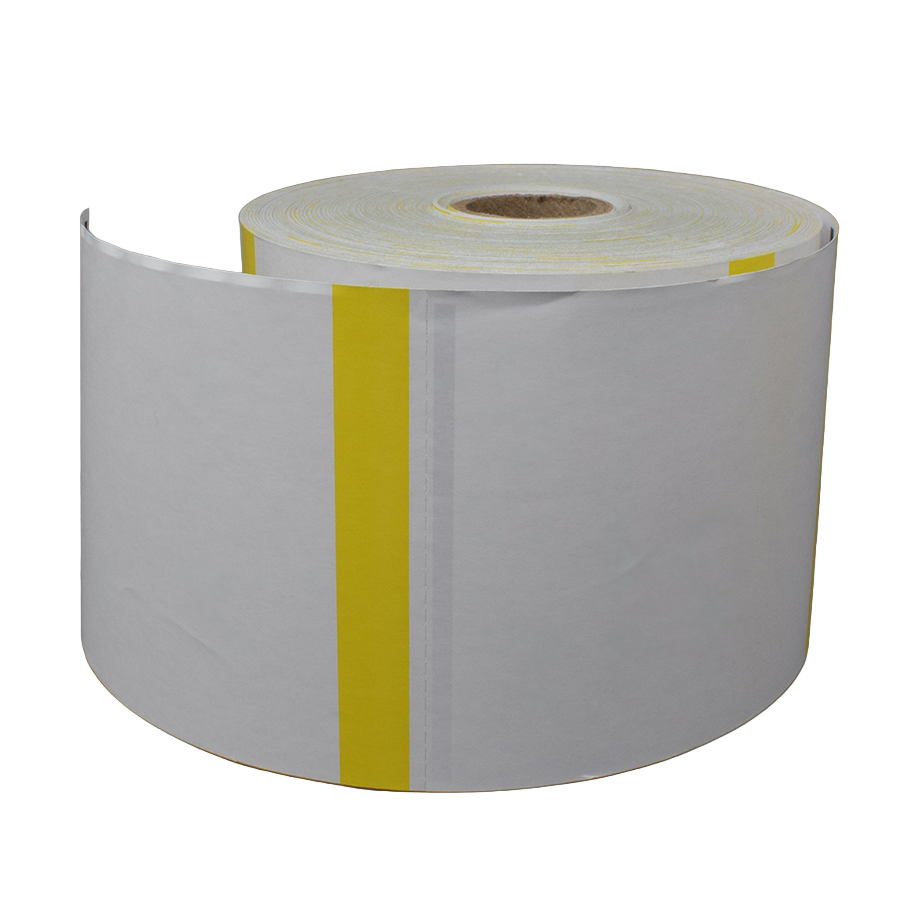Roll of white paper with a yellow stripe on a white background
Thermal receipt paper rolls for POS and pharmacy checkout printing
